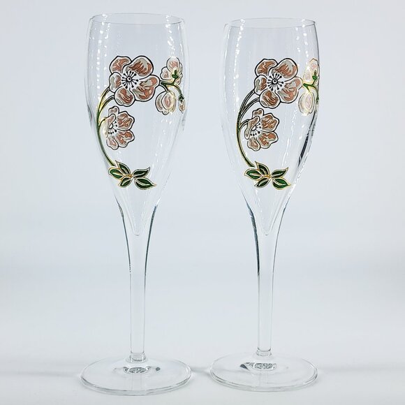 Vtg Perrier Jouet Hand Painted 7.5" Floral Champagne Flutes/Glasses, Pair of 2 - Picture 3 of 6
